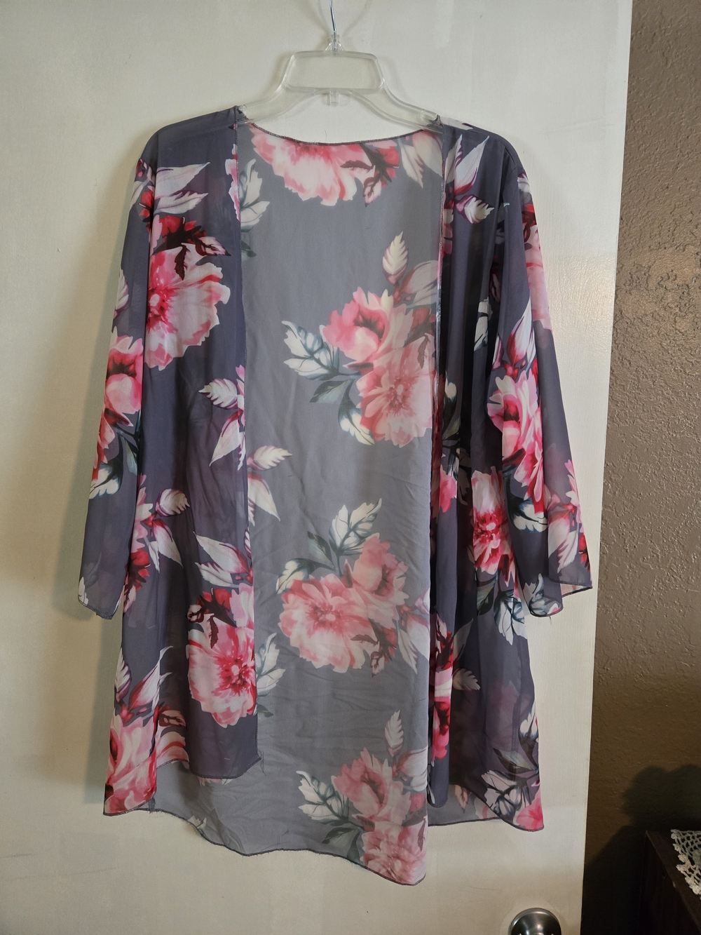 Floral Sheer Kimono Cover-Up - Gray with Pink Blooms
